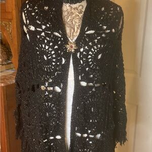 Chic Black Glimmer BOHO EVE Crochet Women's Cape OS
